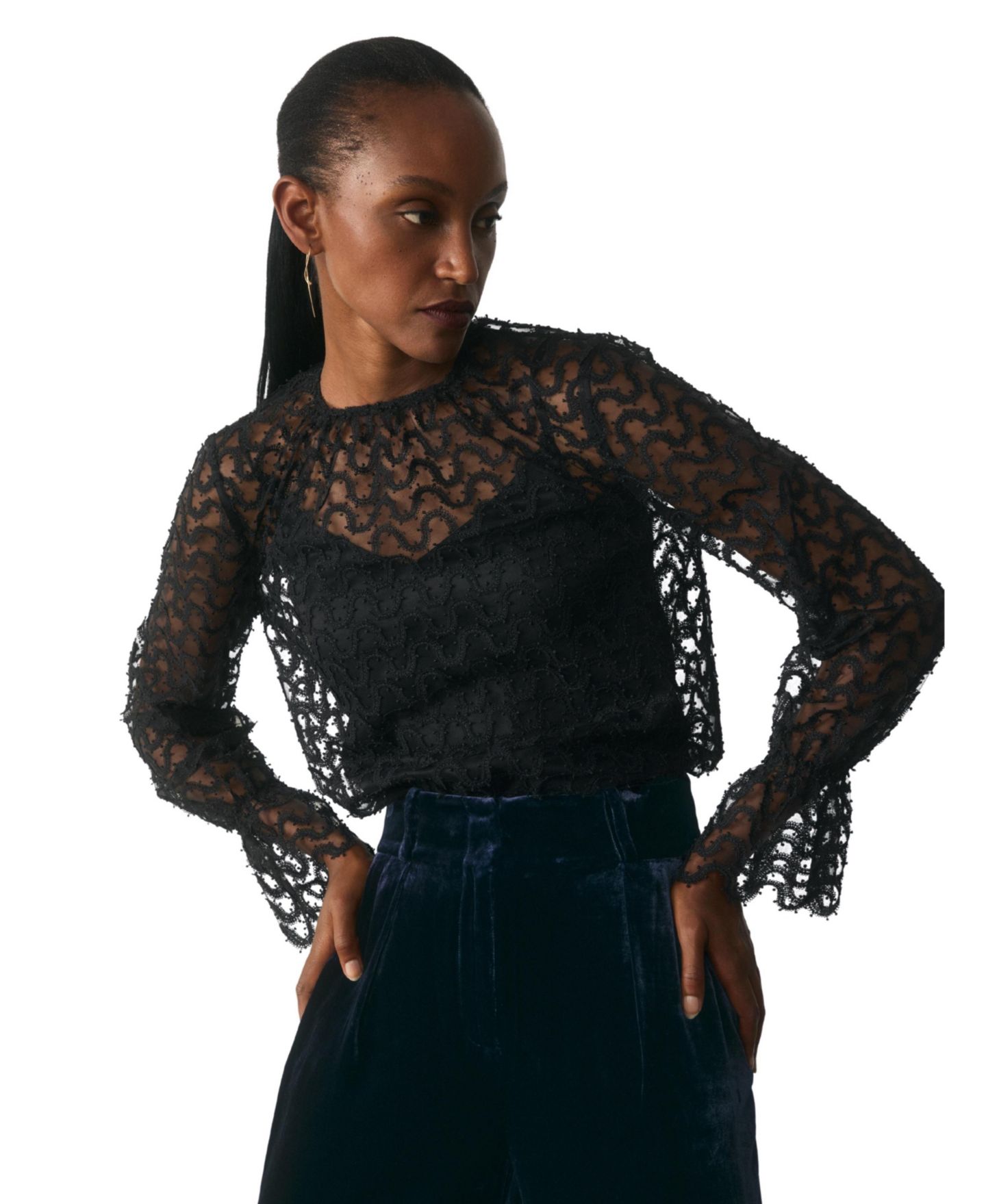 Женская блузка The Fold Aliano Sheer Embroidered Lace Beaded Long-Sleeve, цвет: Чёрный — фото 6