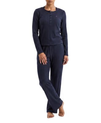Women's Long-Sleeve Wide-Leg Cable-Jacquard Henley Top and Pant, 2-Piece Pajama Set