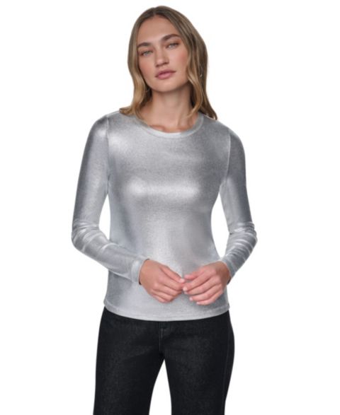 Женский топ DKNY Jeans Foil Rib Crewneck Long Sleeve, цвет: Серебряный