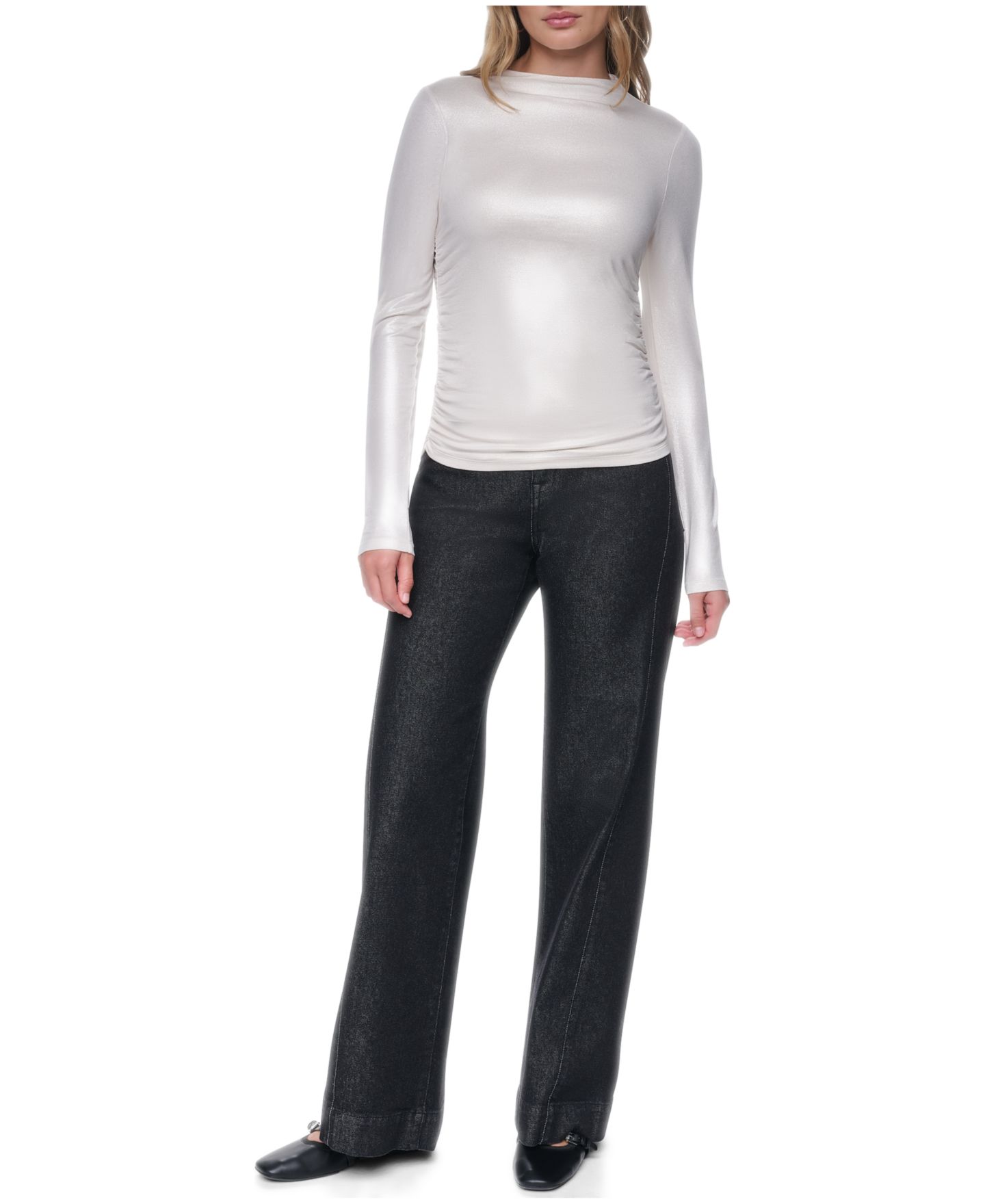 Женский топ DKNY Jeans Ruched Detail Long-Sleeve, цвет: Сливочный / Серебряный — фото 2