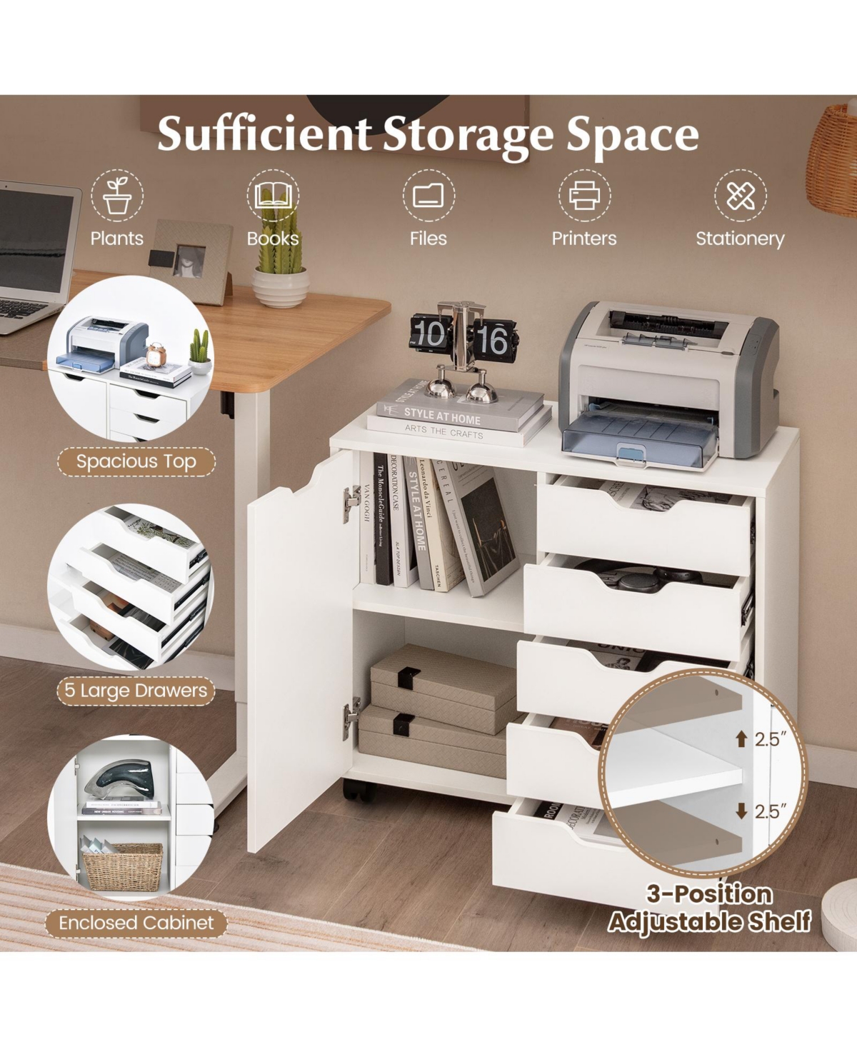 Mecale 5-Drawer Mobile Storage Cabinet with Door Cabinet