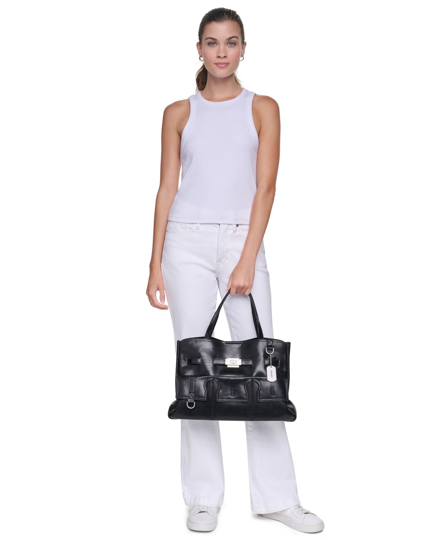 Женская сумка DKNY Bryar Structured Large Laptop Compatible Satchel Handbag, цвет: Чёрный / Серебряный — фото 5