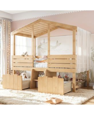  Twin House Loft Bed with Stairs and 2 Storage Drawers