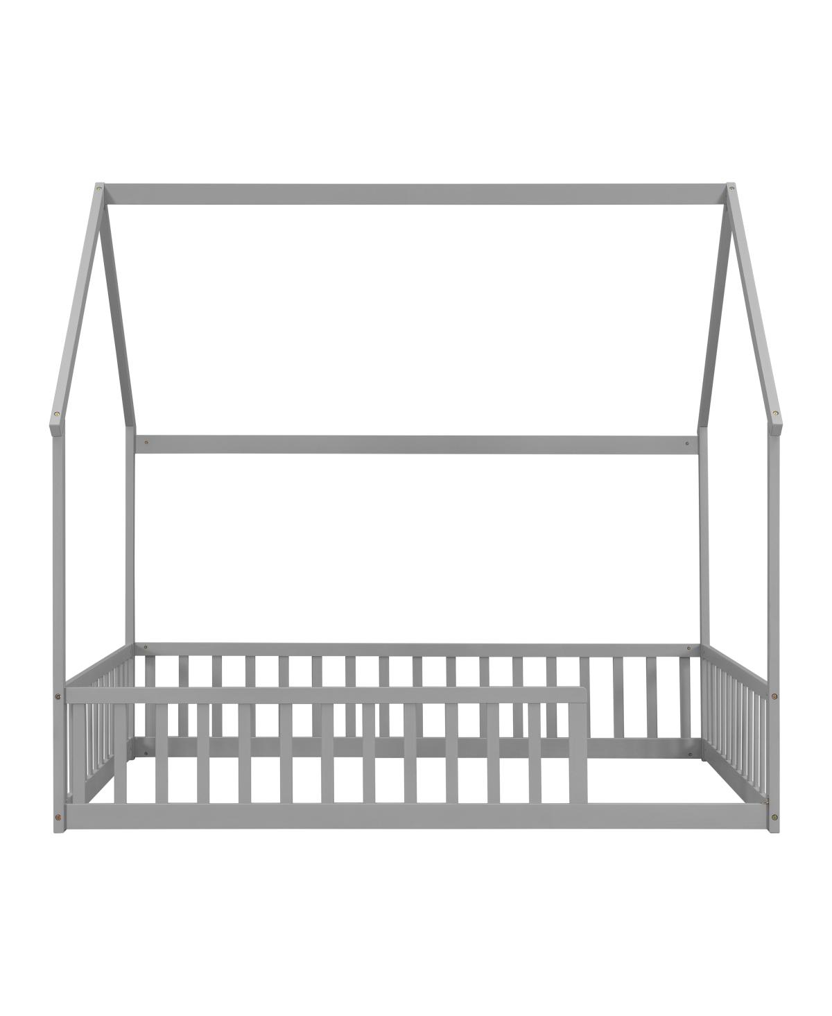 Streamdale Furniture Full Size House Floor Bed with Roof, Guardrails
