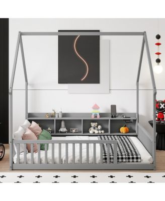  Full House Floor Bed with Storage, LED, Charging Station and Guardrails
