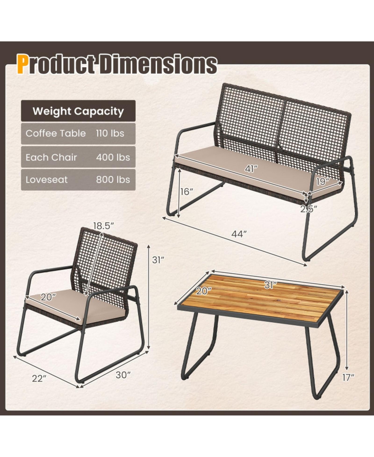 Sugift 8-Piece Patio Rattan Conversation Set with Acacia Wood Table