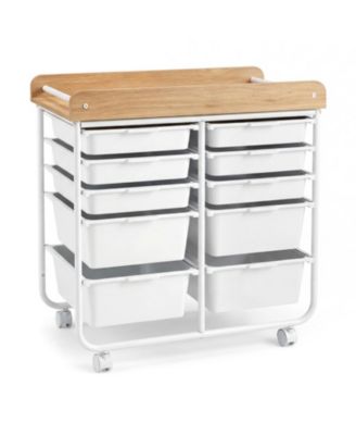 10-Drawer Rolling Cart with Wooden Tabletop Side Handles and Lockable Wheels