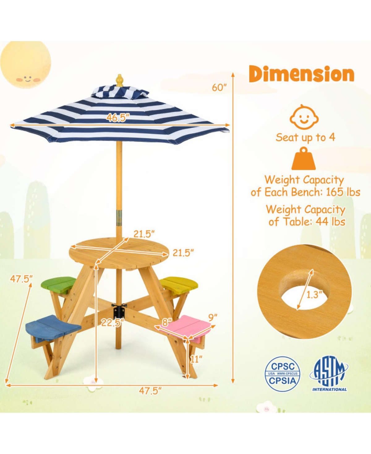 Sugift Kids Round Picnic Table with 4 Built-In Stools and Height Adjustable Umbrella