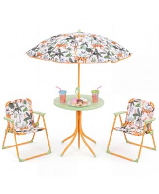 3-Piece Kids Patio Table Set Featuring 2 Folding Chairs and Adjustable Shade Umbrella
