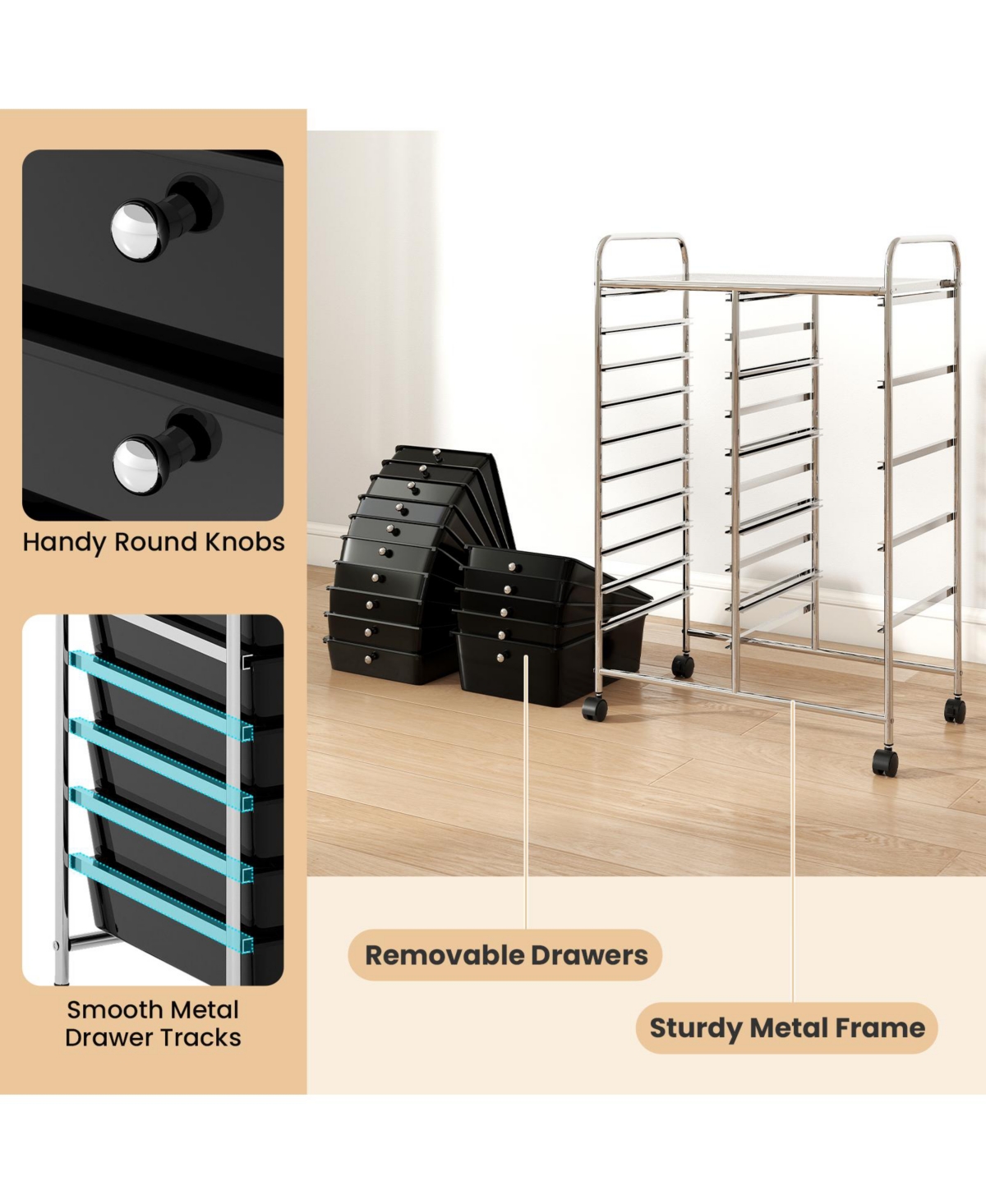Mecale 15-Drawer Rolling Trolley with Chrome-Plated Frame