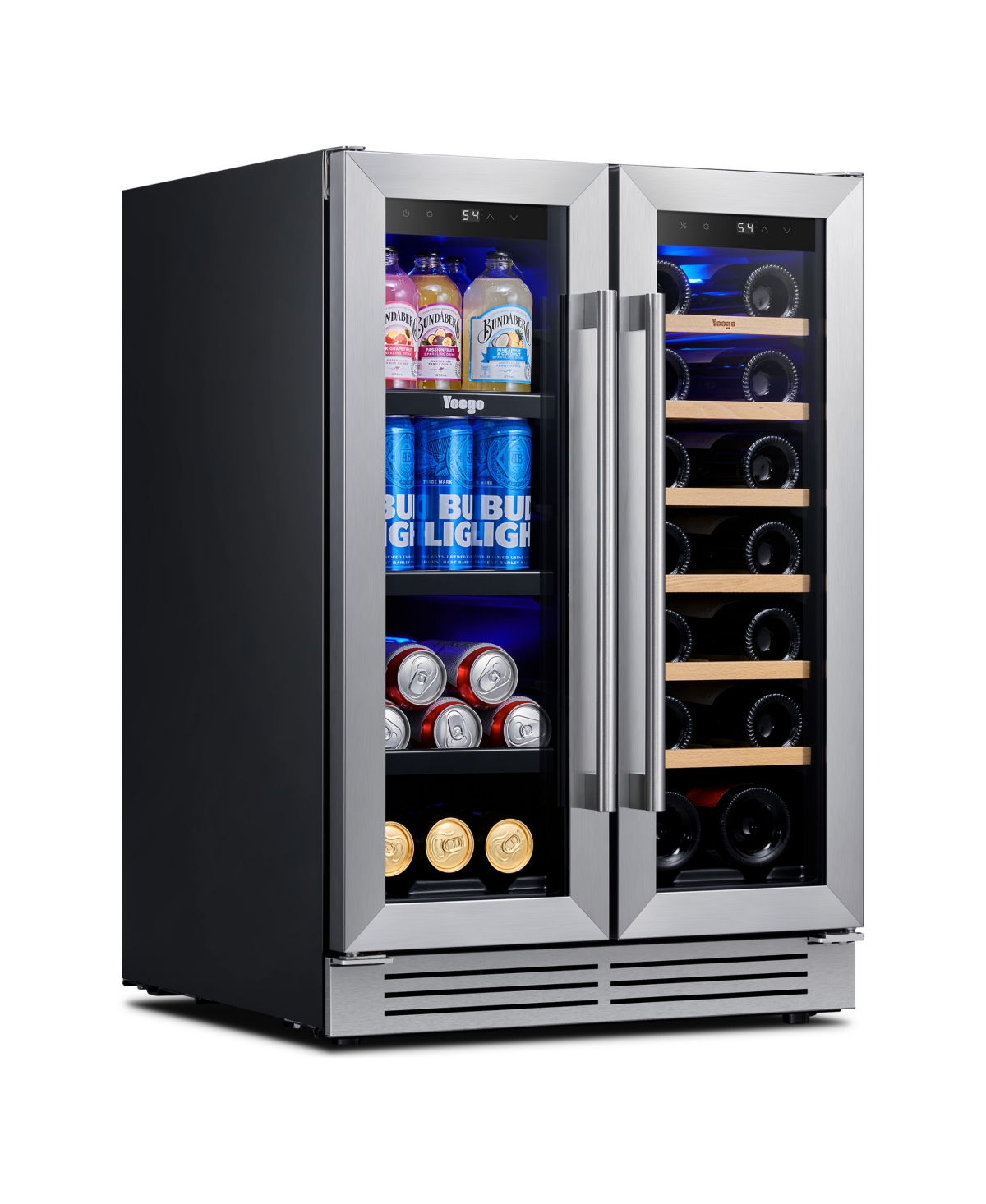 Yeego 24 Inch Dual Zone Wine CooerandBeverage Refrigerator With 2 Doors,Led Lights 60 Cans+20 Bottles 36degree(s)F-72degree(s)F Cooler