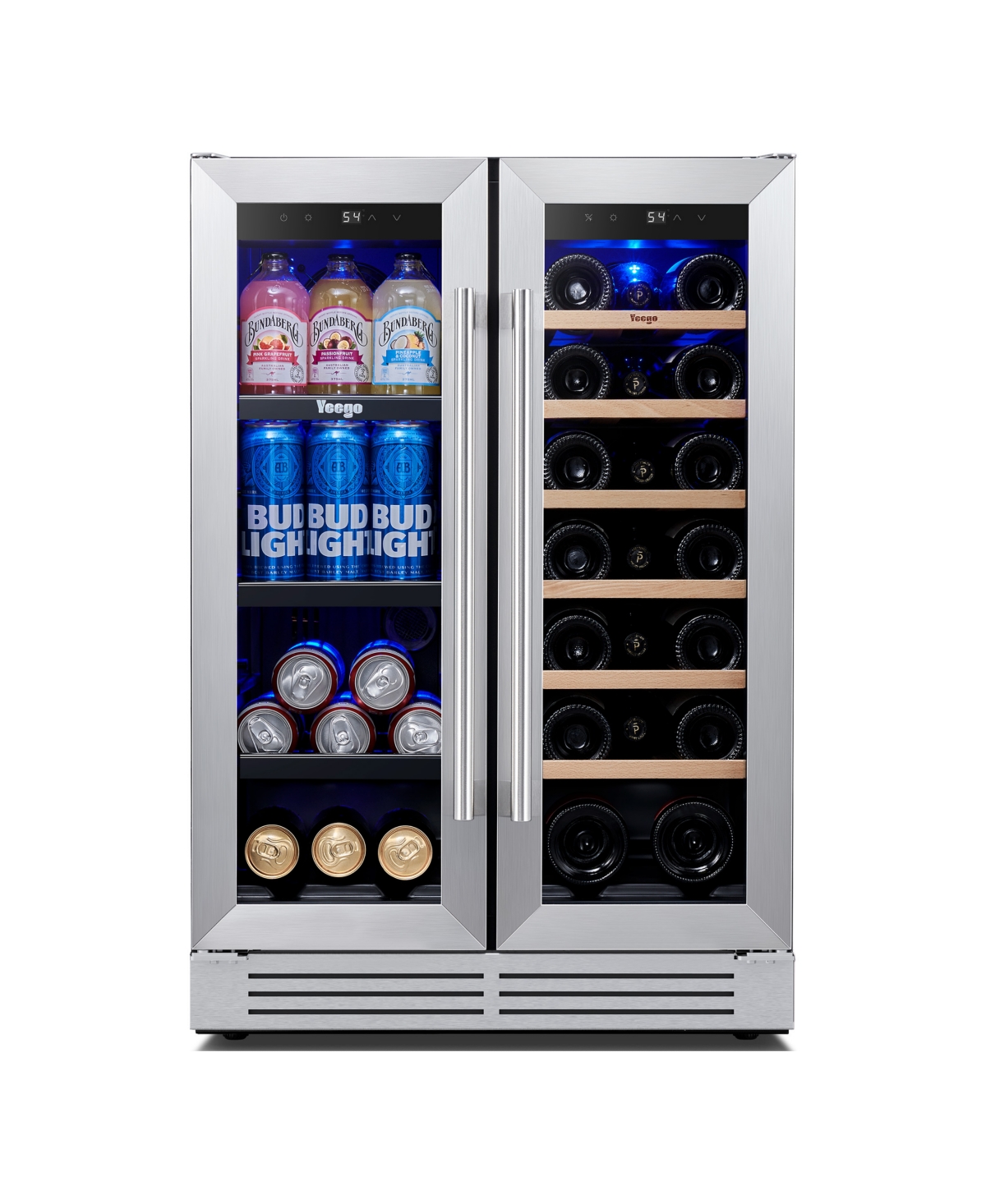 Yeego 24 Inch Dual Zone Wine CooerandBeverage Refrigerator With 2 Doors,Led Lights 60 Cans+20 Bottles 36degree(s)F-72degree(s)F Cooler