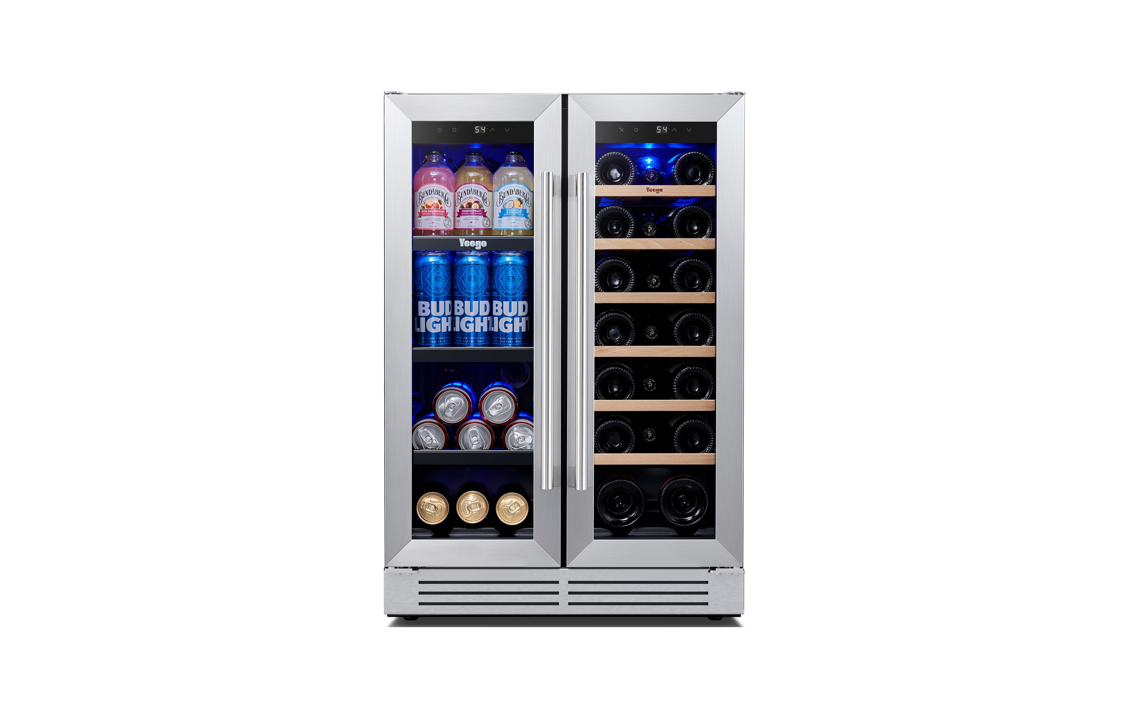 Yeego 24 Inch Dual Zone Wine CooerandBeverage Refrigerator With 2 Doors,Led Lights 60 Cans+20 Bottles 36degree(s)F-72degree(s)F Cooler
