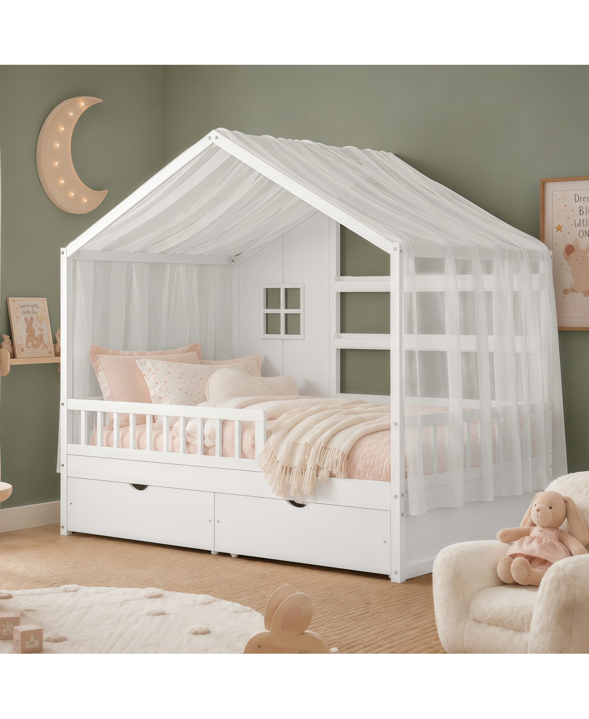 Streamdale Furniture Kids Montessori Floor Bed with Roof, Guardrails and 2 Drawers