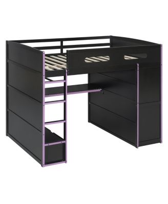  Full Wood Loft Bed with Desk, Wardrobe, Storage, and RGB Light