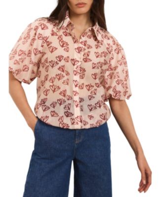 Women's Heart-Print Puff-Sleeve Blouse