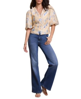 Women's Floral Puff-Sleeve Button-Front Lyocell-Blend Blouse