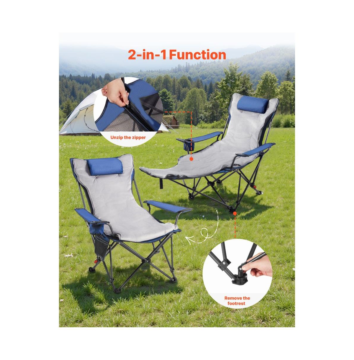 Slickblue Portable Reclining Camping Chair with Cushion, Adjustable Folding Beach Chair with Footrest