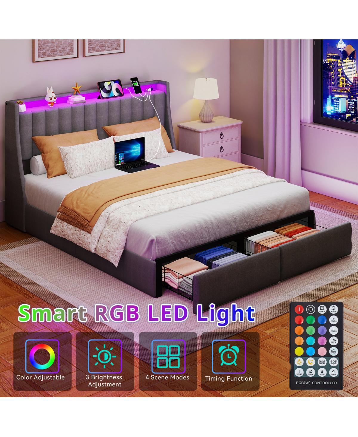 Streamdale Furniture Queen Led Bed Frame with Charging Station and Storage Drawers