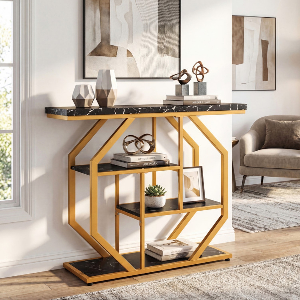 Sugift 4-Tier Modern Sofa Table Behind Couch with Faux Marble Top and Geometric Metal Frame