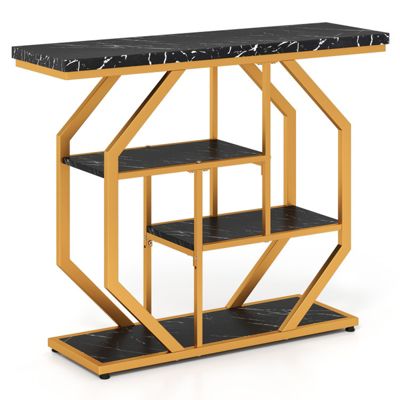 4-Tier Modern Sofa Table Behind Couch with Faux Marble Top and Geometric Metal Frame