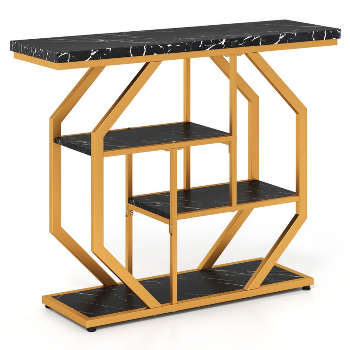 Sugift 4-Tier Modern Sofa Table Behind Couch with Faux Marble Top and Geometric Metal Frame