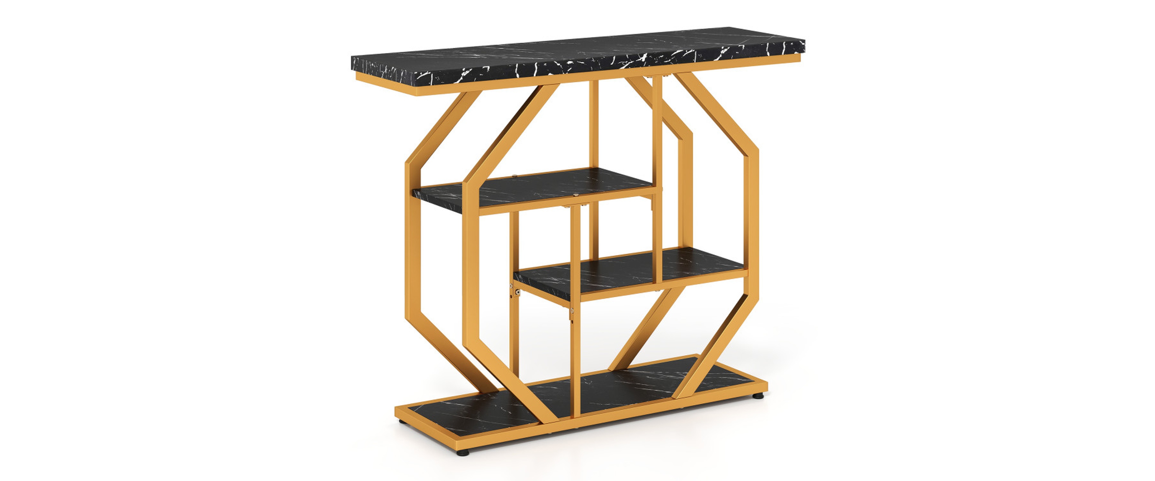 Sugift 4-Tier Modern Sofa Table Behind Couch with Faux Marble Top and Geometric Metal Frame
