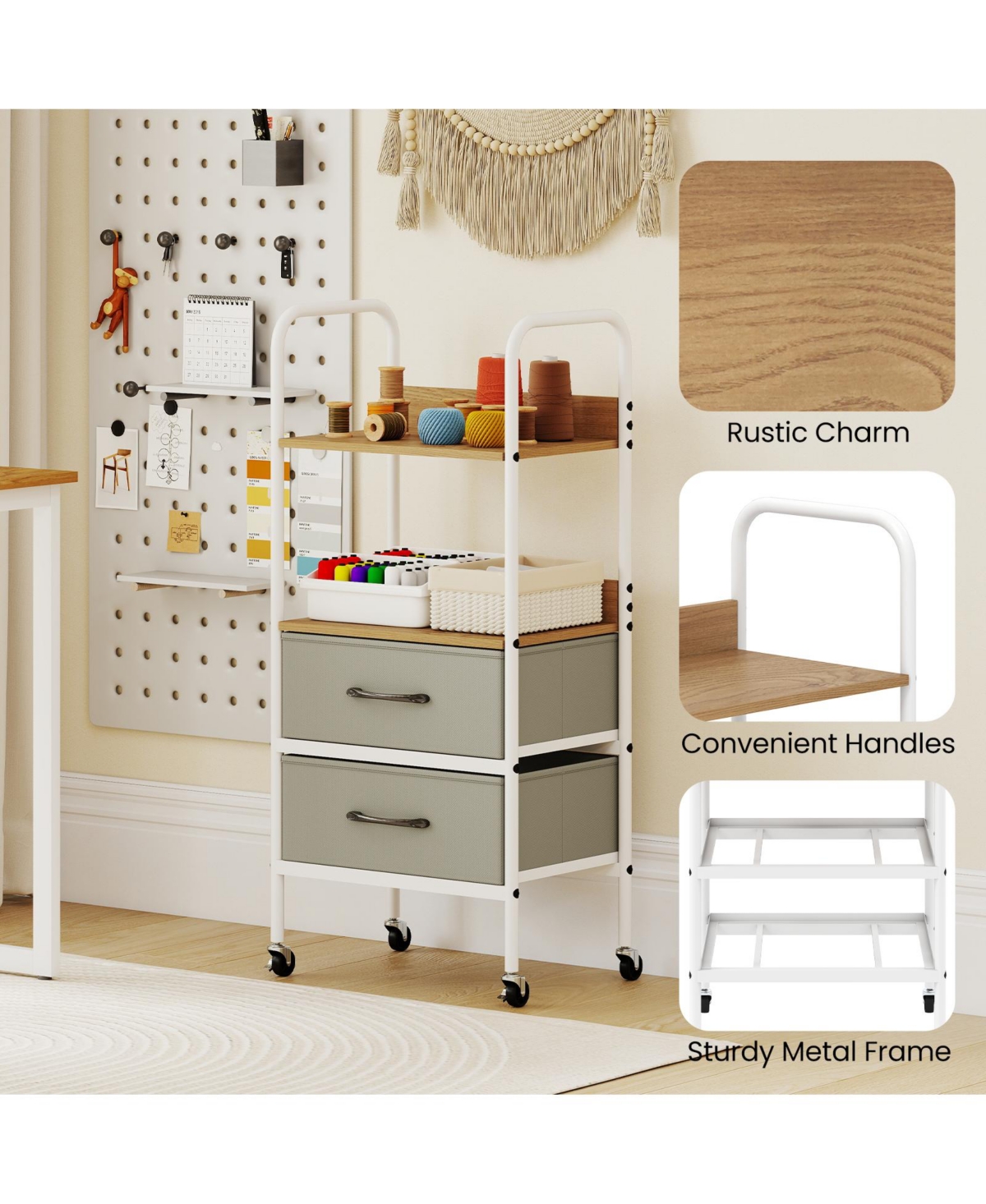 Mecale Rolling Utility Cart with Open Shelves and Fabric Drawers