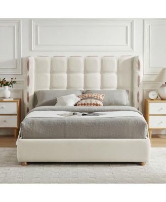  Queen Chenille Wingback Gas Lift Storage Bed, Waffle Upholstered Platform
