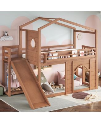  Twin Size House Loft Bed with Slide, Bookshelves and Wardrobe