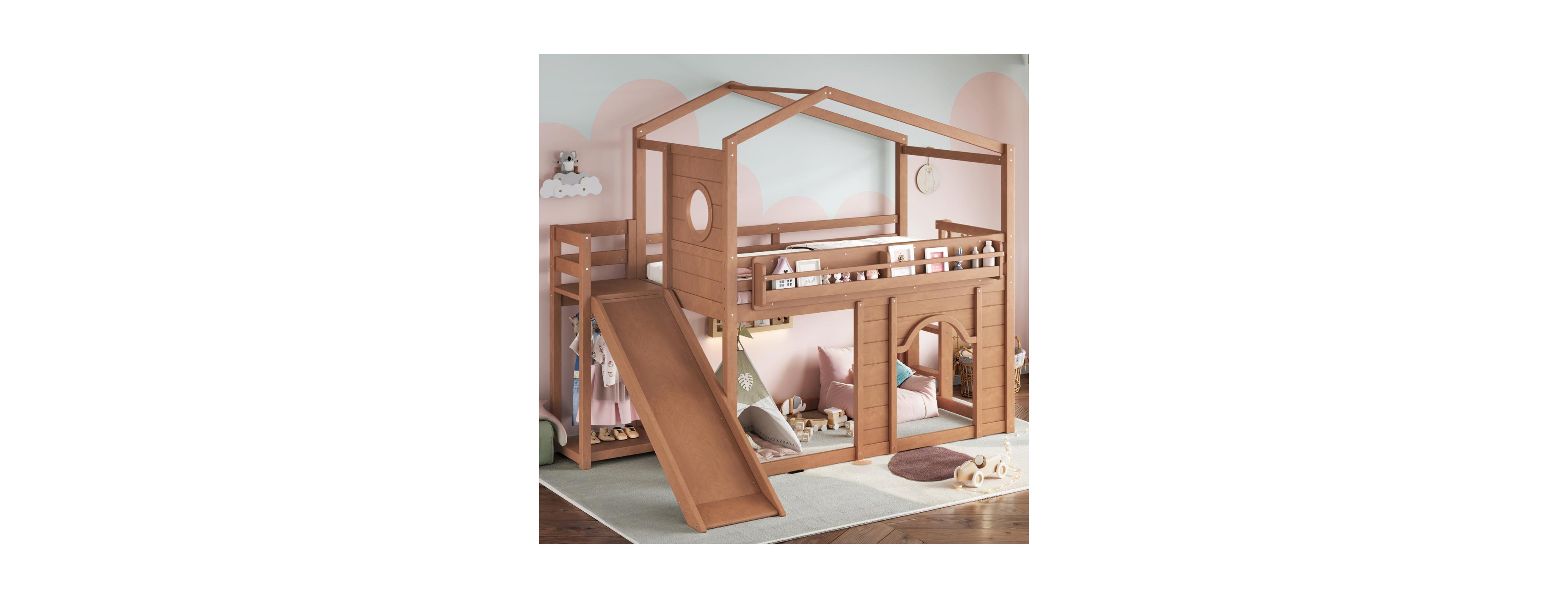 Streamdale Furniture Twin Size House Loft Bed with Slide, Bookshelves and Wardrobe