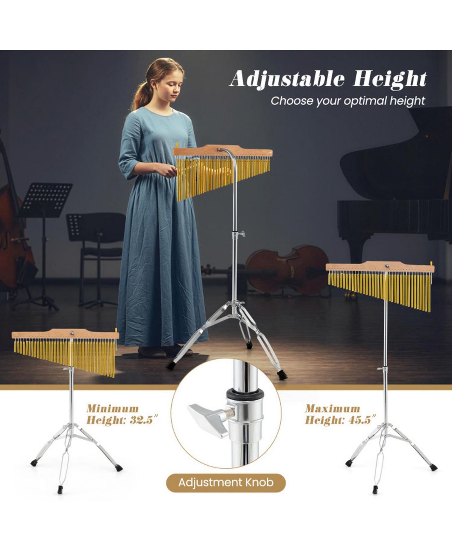 Детские игрушки SUGIFT 36-Bar Single-Row Height-Adjustable Orchestra Chimes with Folding Tripod, Ages 8+, цвет: Золотой — фото 5