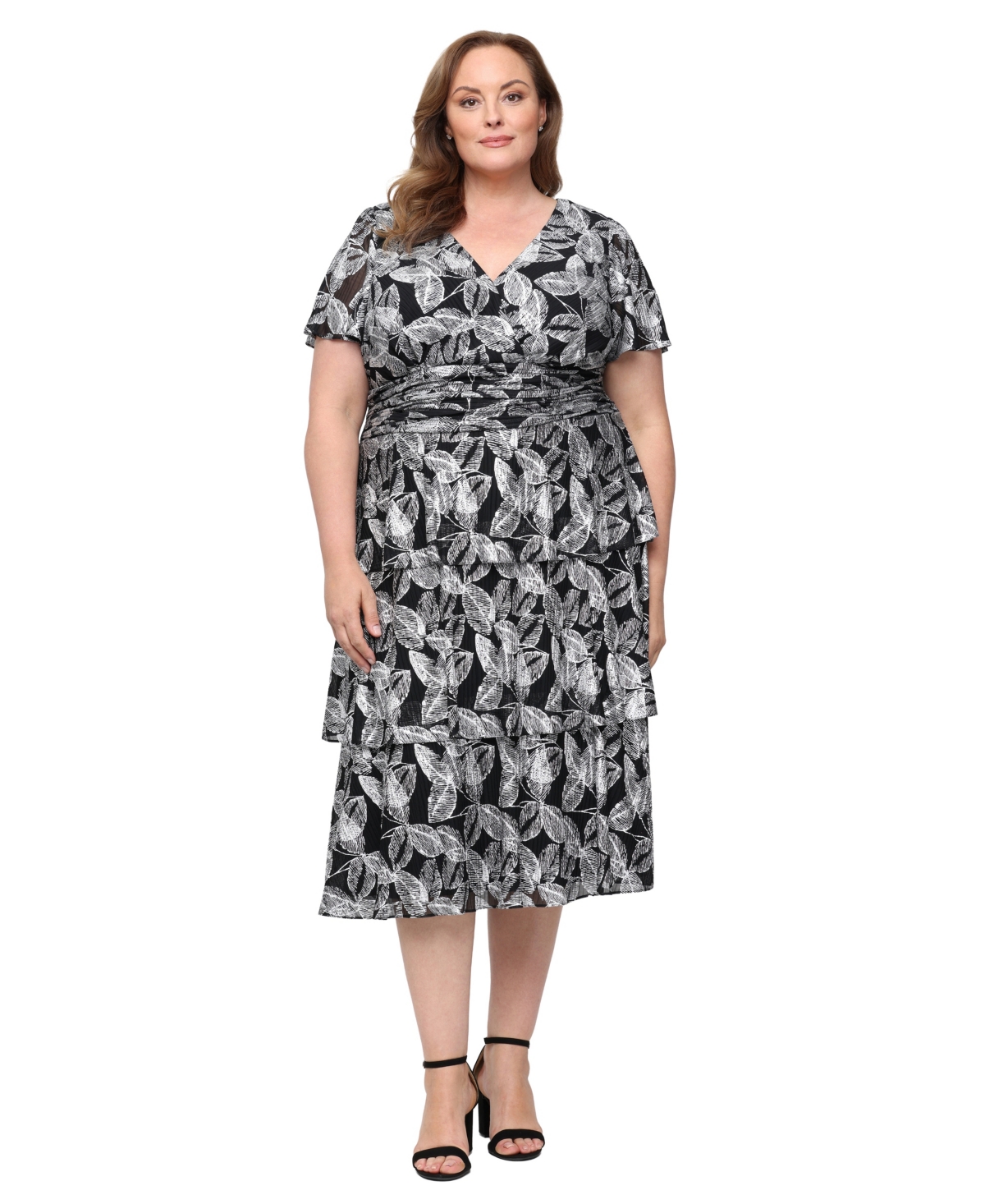 Sl Fashions Plus Foil-Print Tiered Floral Dress