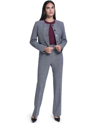 Calvin Klein Womens Cropped Plaid Collarless Jacket Modern Fit Straight Leg High Rise Pants
