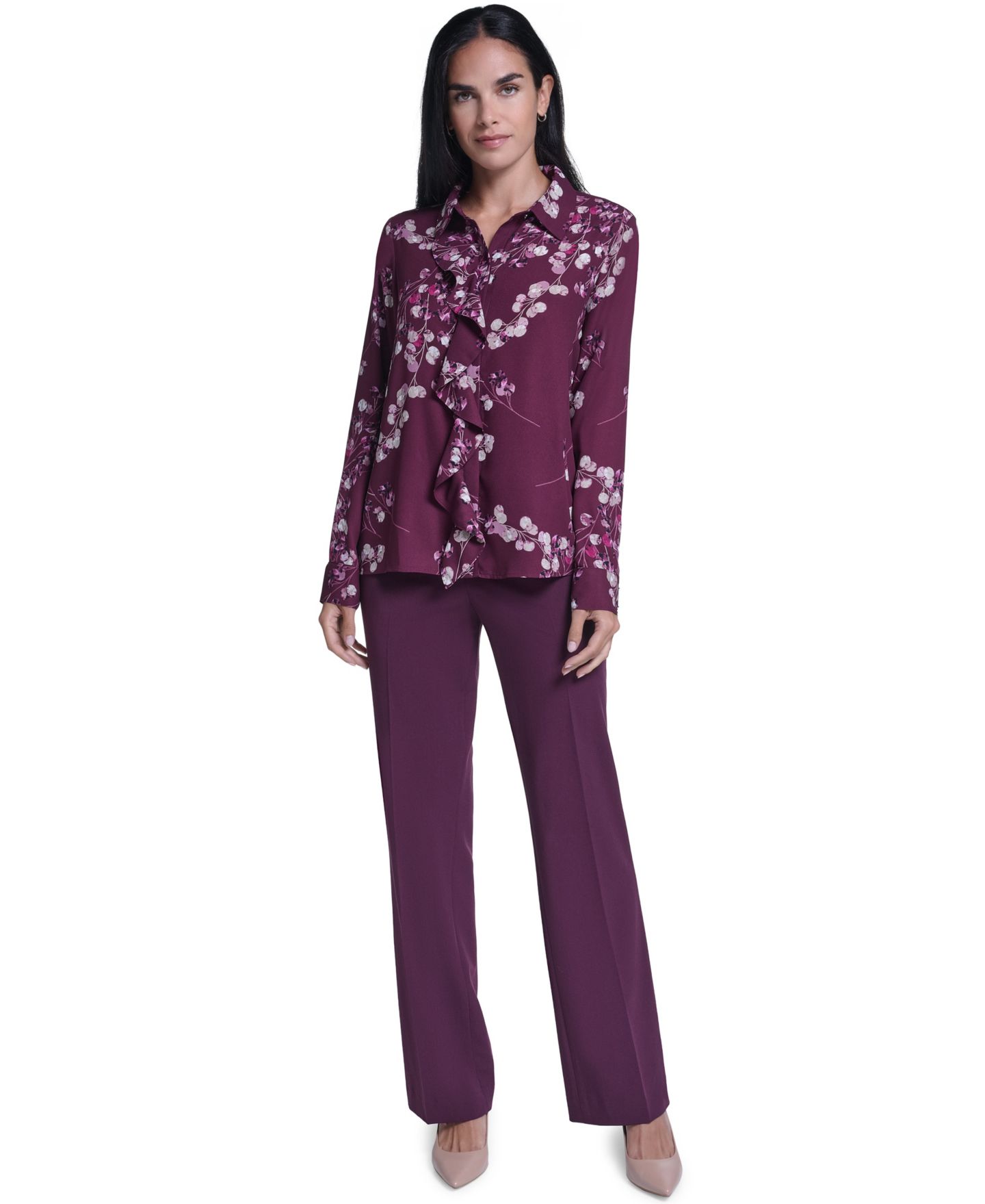 Женская блузка Calvin Klein Floral-Print Ruffled-Front Long-Sleeve Blouse, цвет: Разноцветный — фото 2