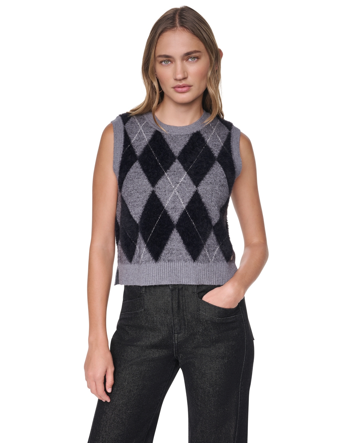 Dkny Jeans Women's Argyle Fuzzy-Yarn Side-Slit Crewneck Vest - Heather Grey/eggng/black