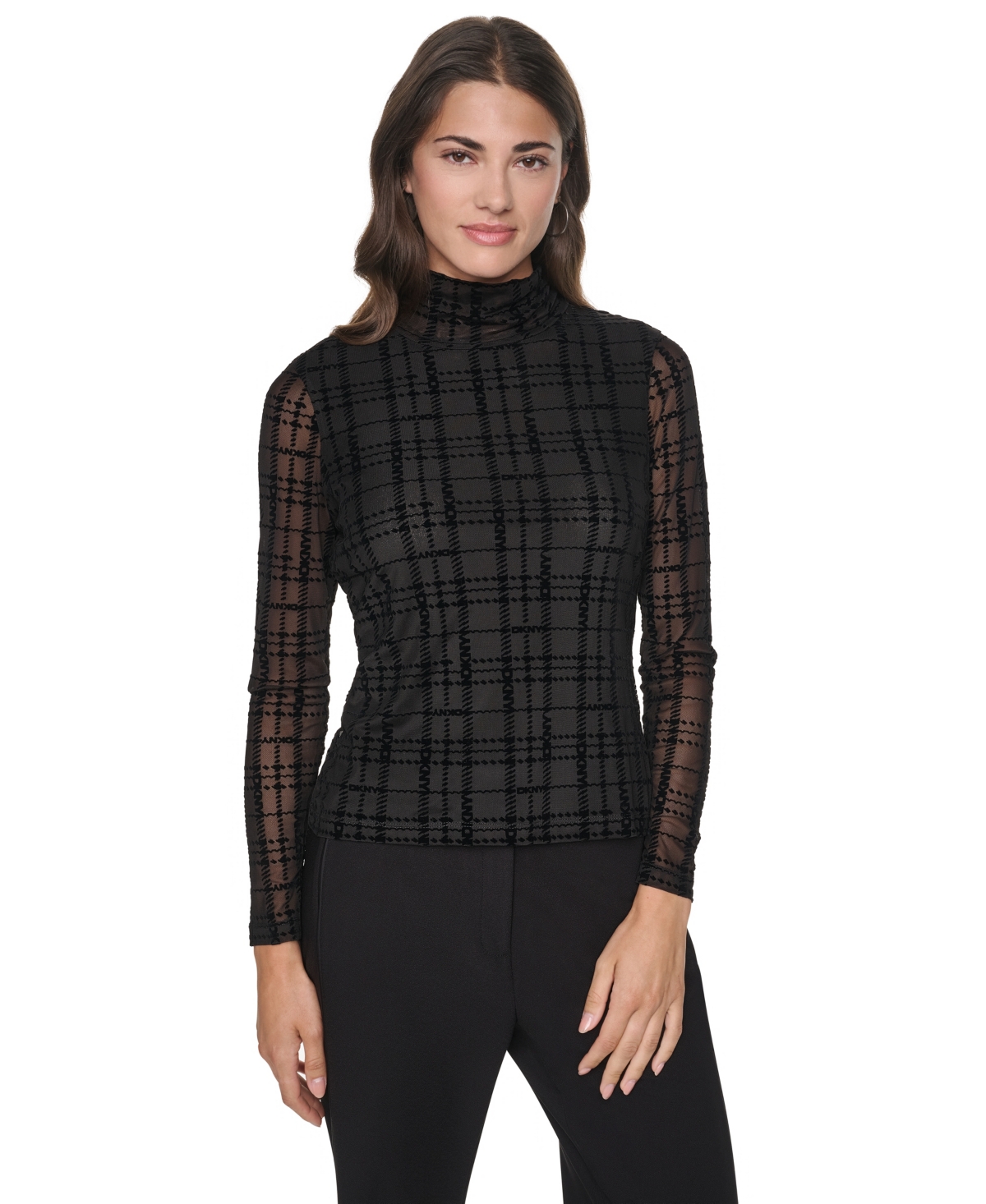 Dkny Petite Long-Sleeve Sheer Mock-Neck Blouse