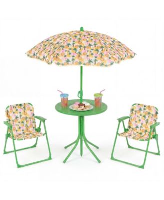 Kids Outdoor Table and Chair Set with Height Adjustable Umbrella and 2 Folding Chairs