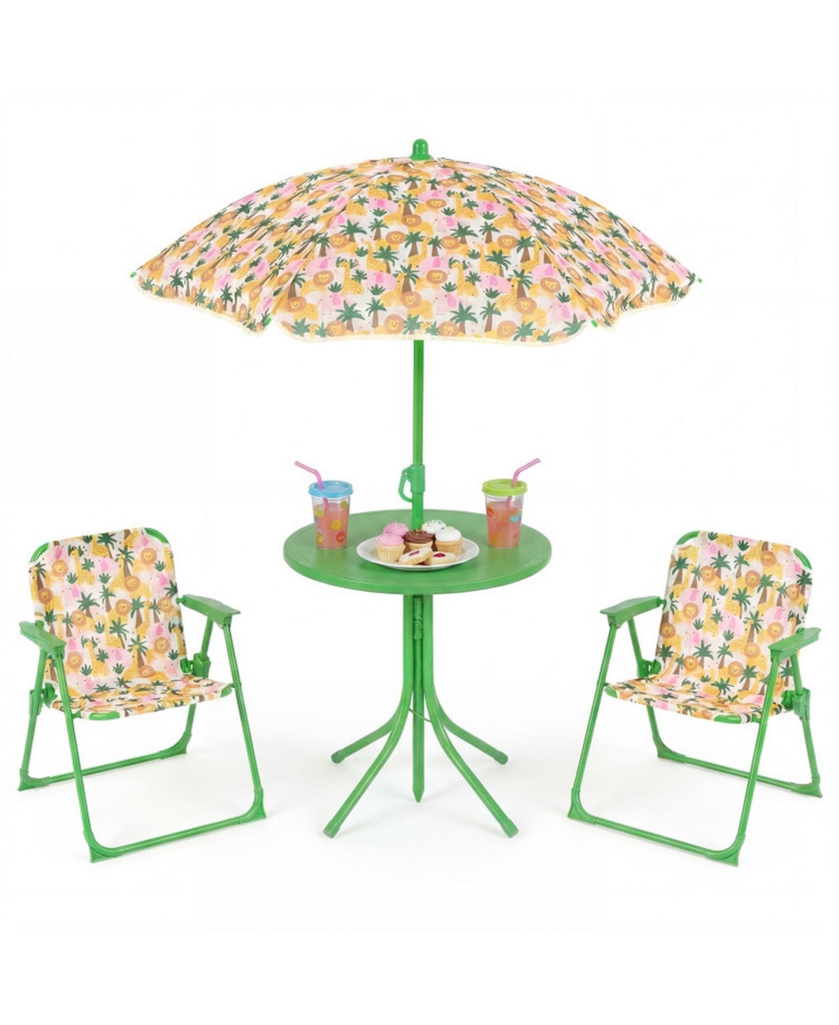 Sugift Kids Outdoor Table and Chair Set with Height Adjustable Umbrella and 2 Folding Chairs - Natural