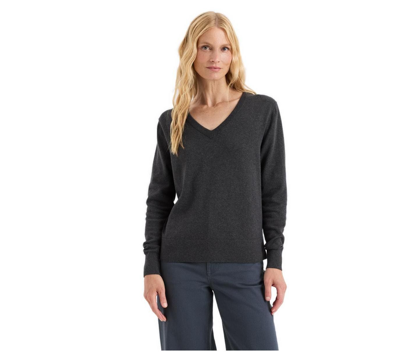 Женский свитер Pact Essential Long-Sleeve V-Neck, цвет: Тёмный угольный меланжевый — фото 1