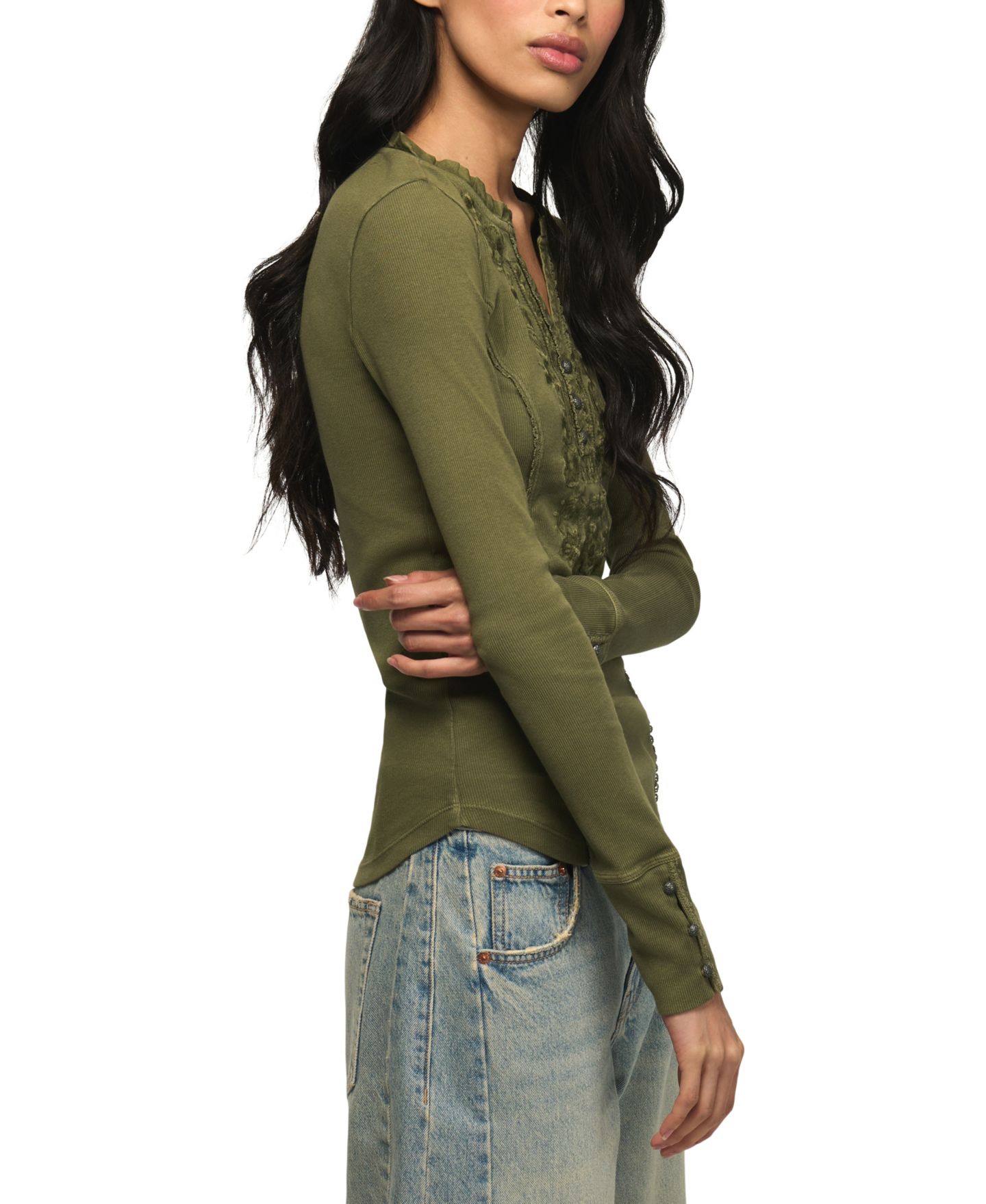 Женский топ Lucky Brand Embroidered V-Neck Long-Sleeve Henley, цвет: Пыльный оливковый — фото 3