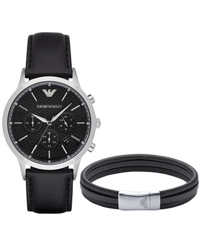 Emporio Armani Men's Chronograph Renato Black Leather Strap Watch and Bracelet Gift Set 43mm AR8034