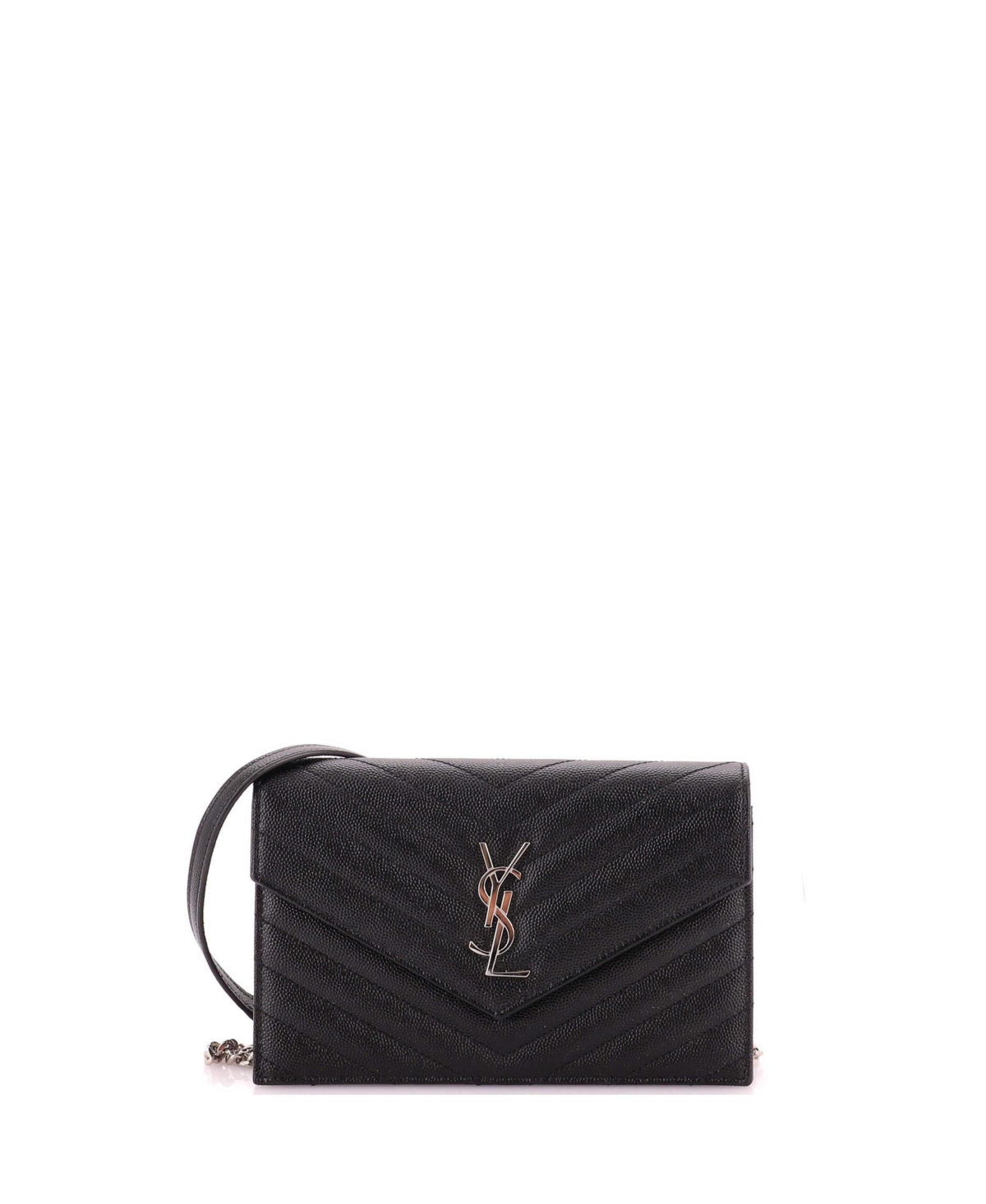 Pre-Owned Saint Laurent Small Classic Monogram Wallet on Chain Matelasse Chevron Leather - Black