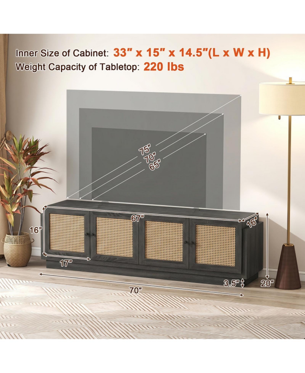 Sugift Farmhouse Tv Stand for TVs with 2 Rattan-Front Cabinets