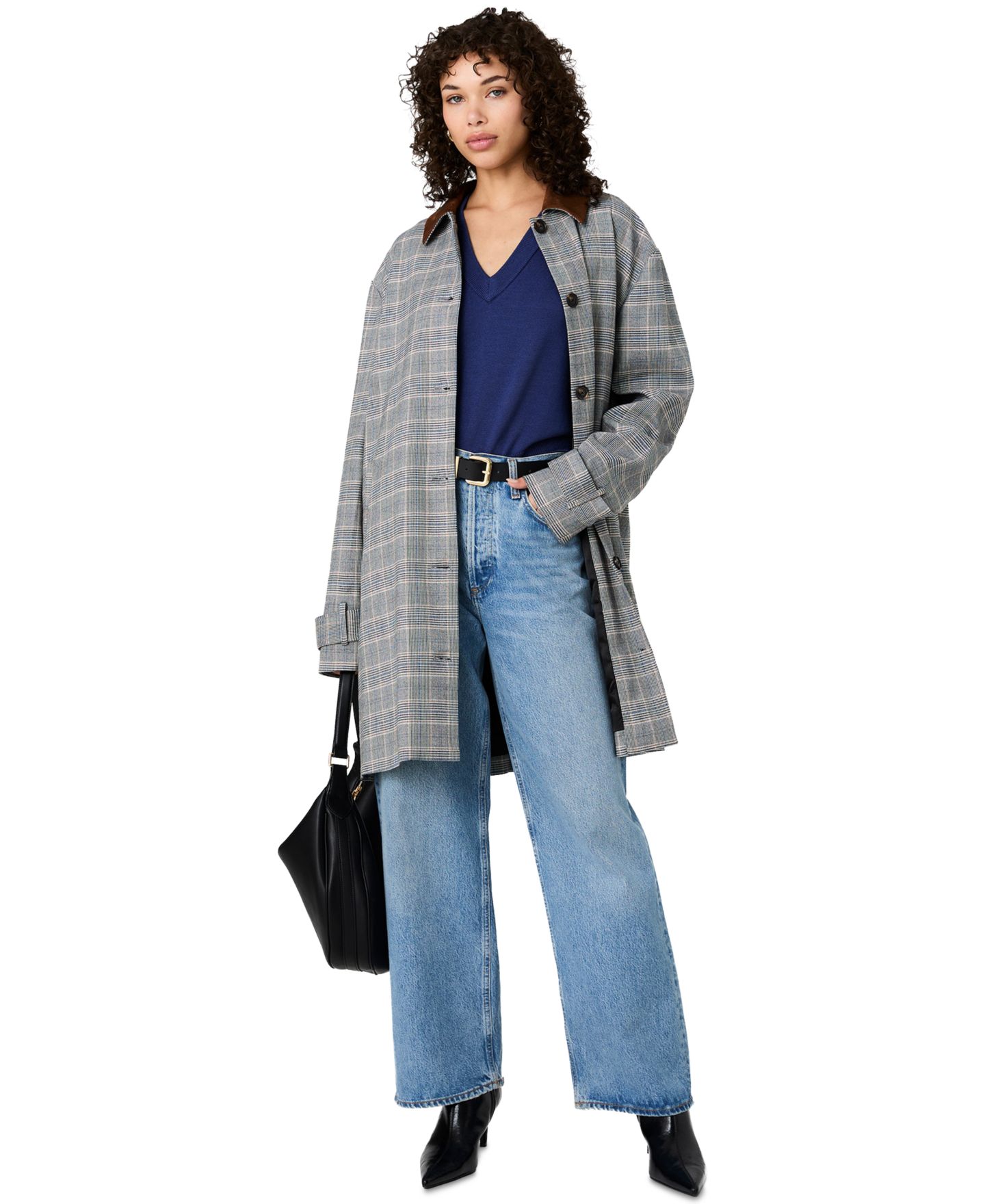 Женская куртка French Connection Collared Relaxed Oversized Midi, цвет: Чёрный / Синий разноцветный клетчатый — фото 1