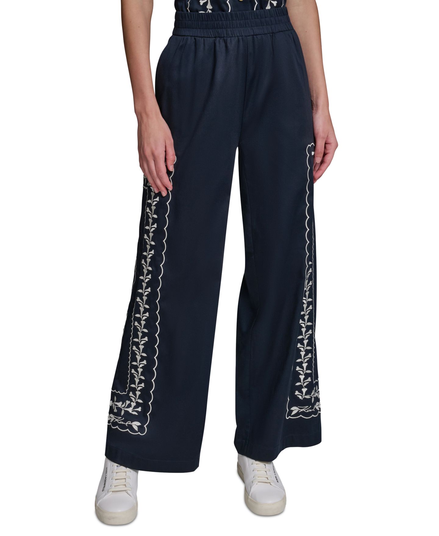 Женские брюки KARL LAGERFELD PARIS Mid-Rise Embroidery, цвет: Тёмно-синий — фото 1