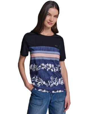 Women's Short-Sleeve Mix-Media Printed Knit Top