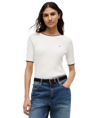 Women's Boat Neck Short-Sleeve Cotton Sweater
