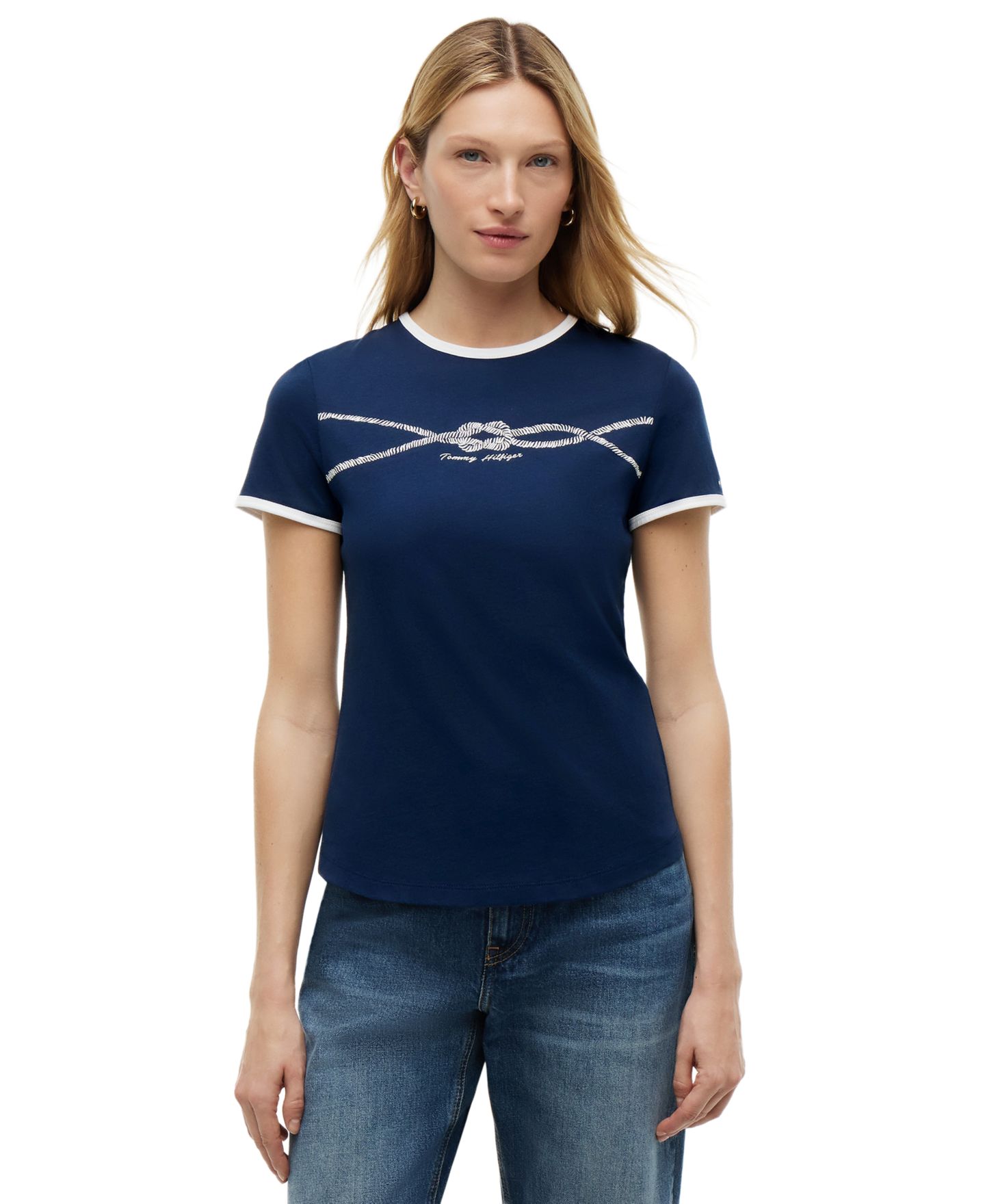 Женская футболка Tommy Hilfiger Crewneck Ringer Trim Cotton, цвет: Тёмный ночной тёмно-синий — фото 1