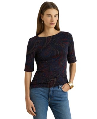 Women's Paisley Boatneck Elbow-Length-Sleeve T-Shirt